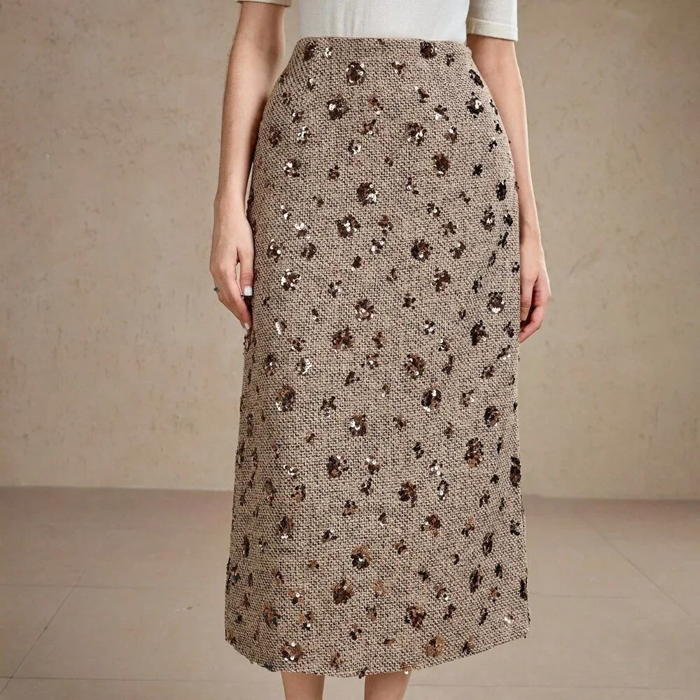 Gold Elegant Women's High Waist Floral Sequin Decor Straight Loose Skirt Skirts